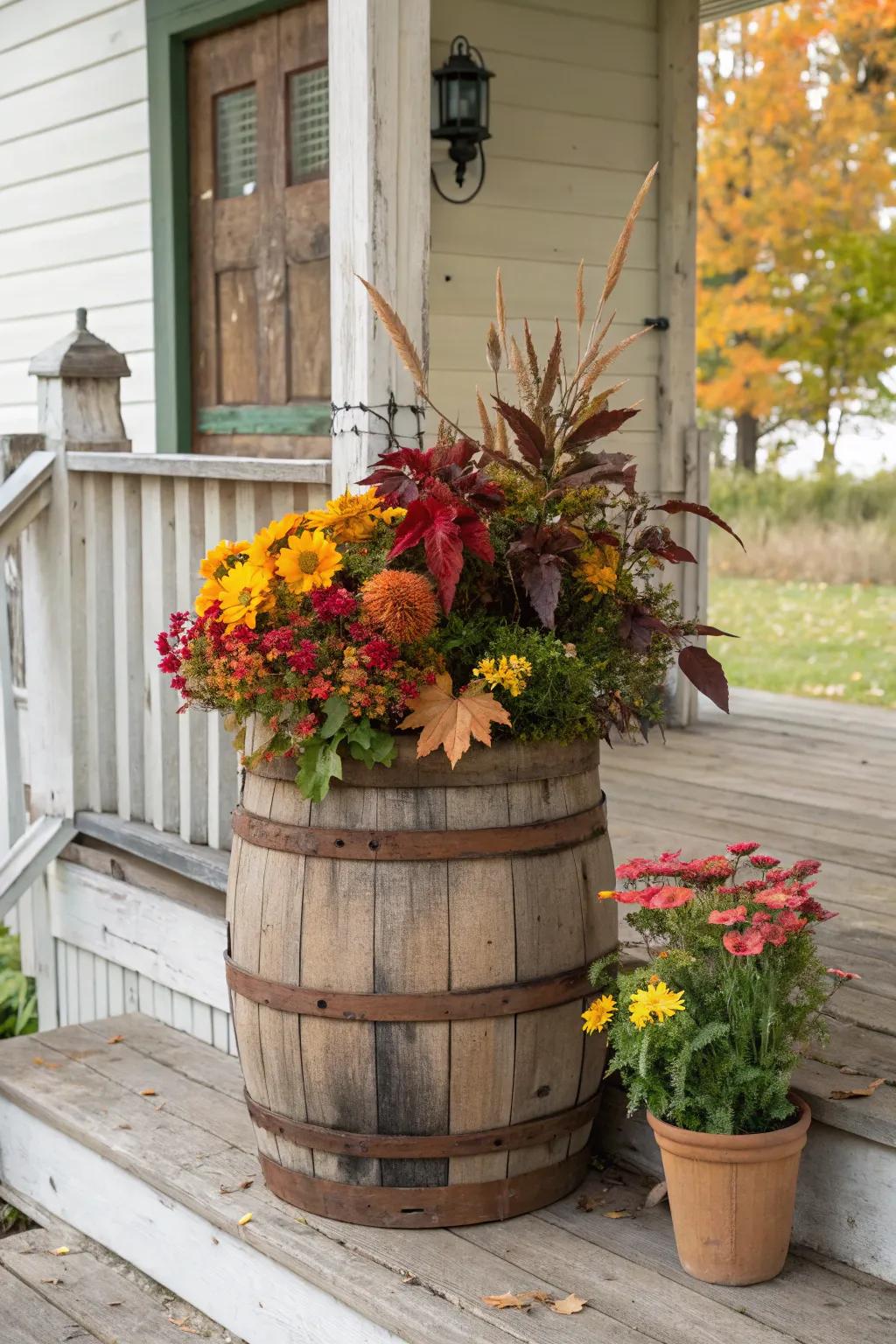 Rustic barrels add a cozy, timeless feel to fall displays.