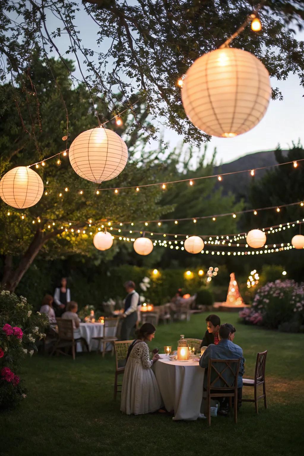 String lights and lanterns add a magical touch to any lawn party.