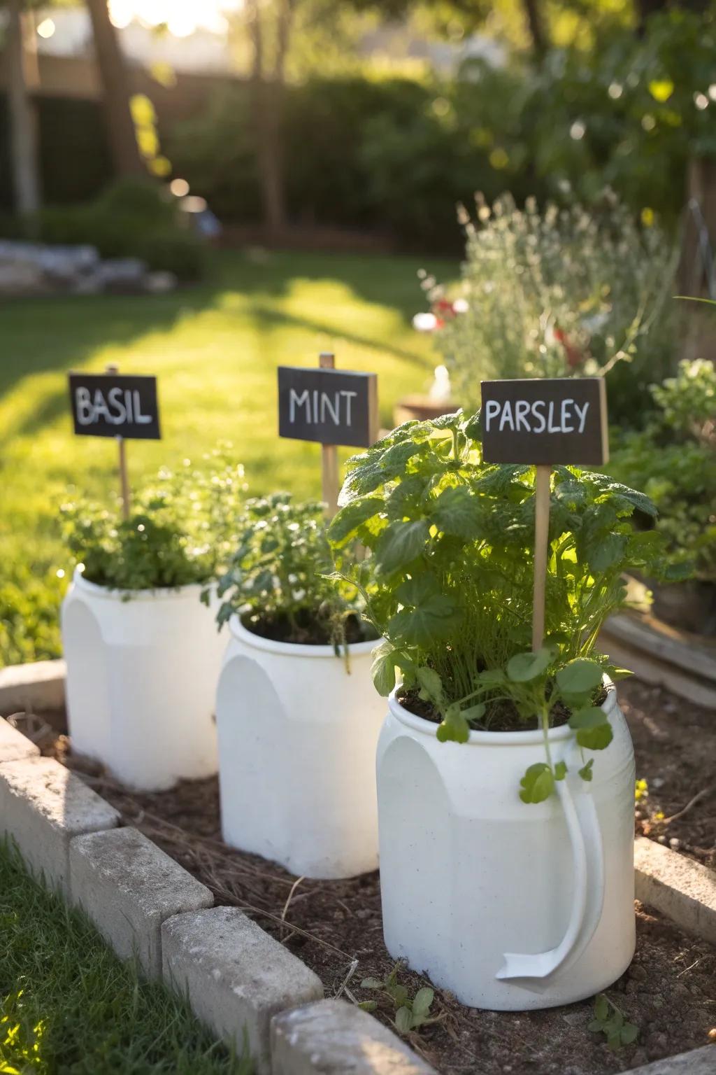 Chalkboard label milk jug planters offering both style and utility.