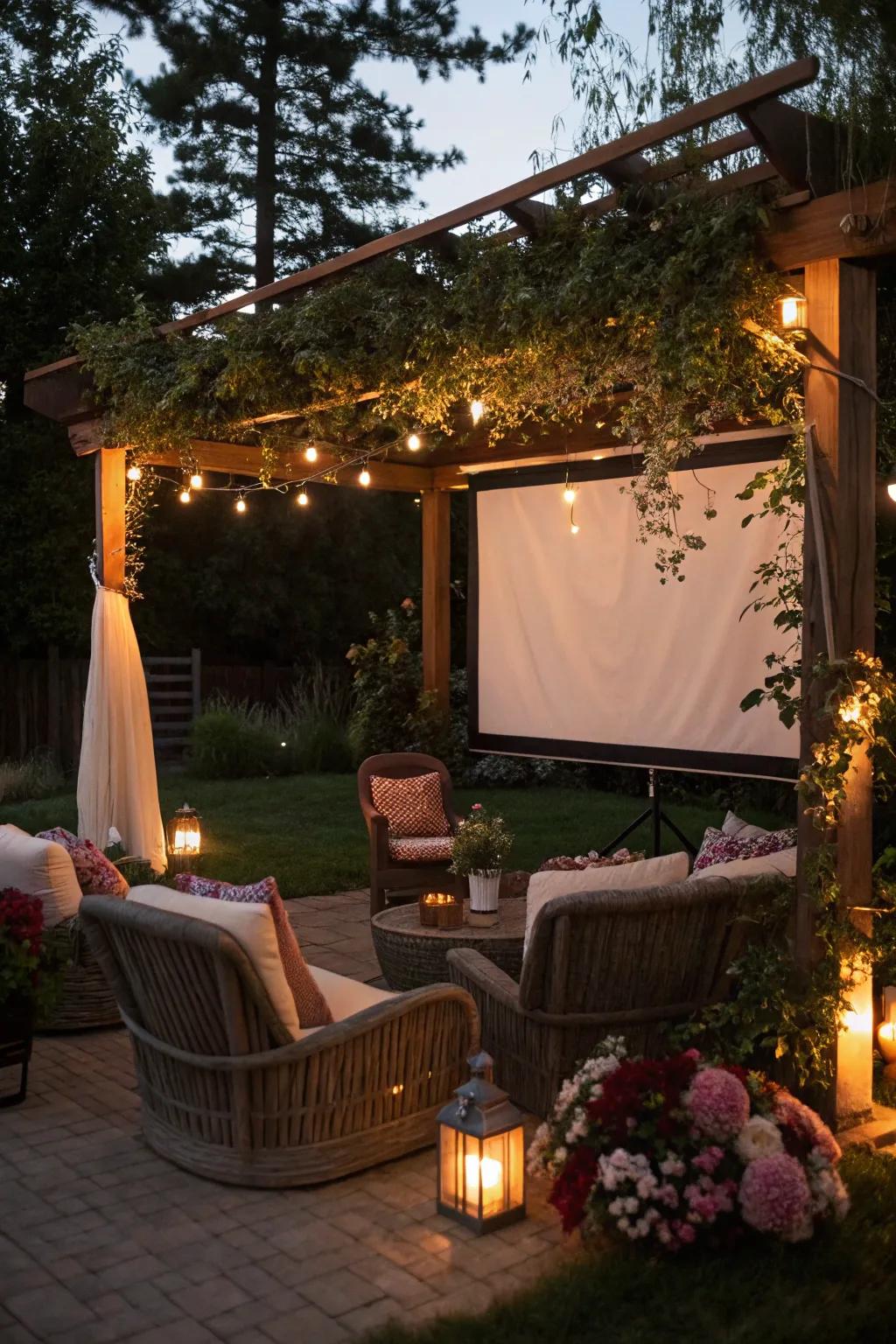 An enchanting garden cinema setup for special nights.