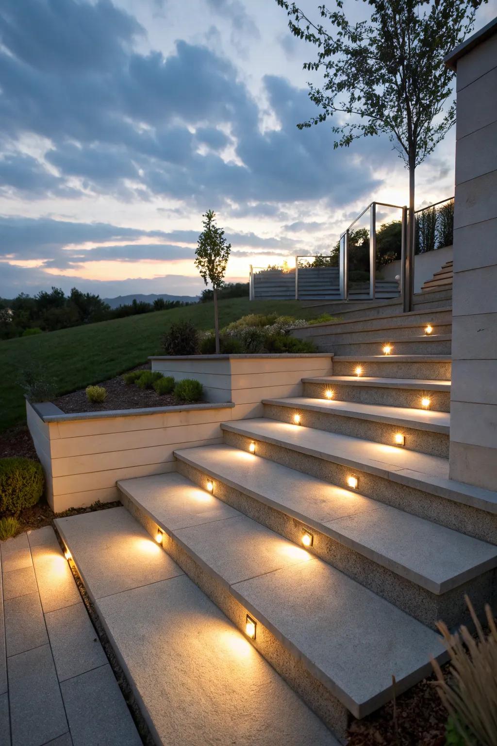 Subtle recessed lights integrated into outdoor steps for a chic and functional look.