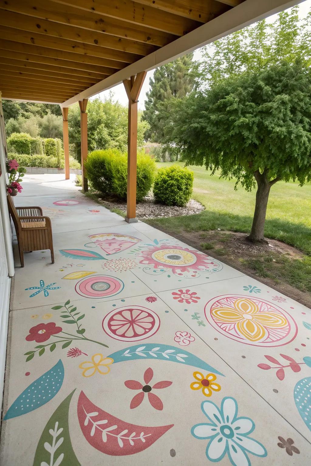 A concrete patio with whimsical and playful painted patterns.