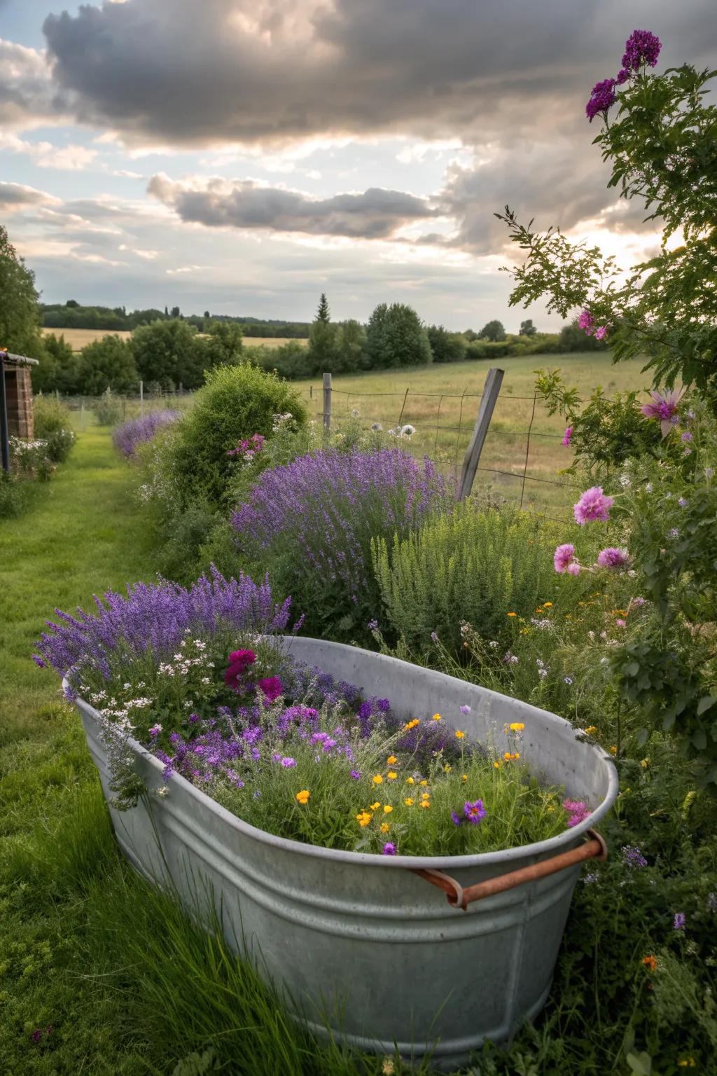 Metal tubs bring an industrial edge to your garden's softness.