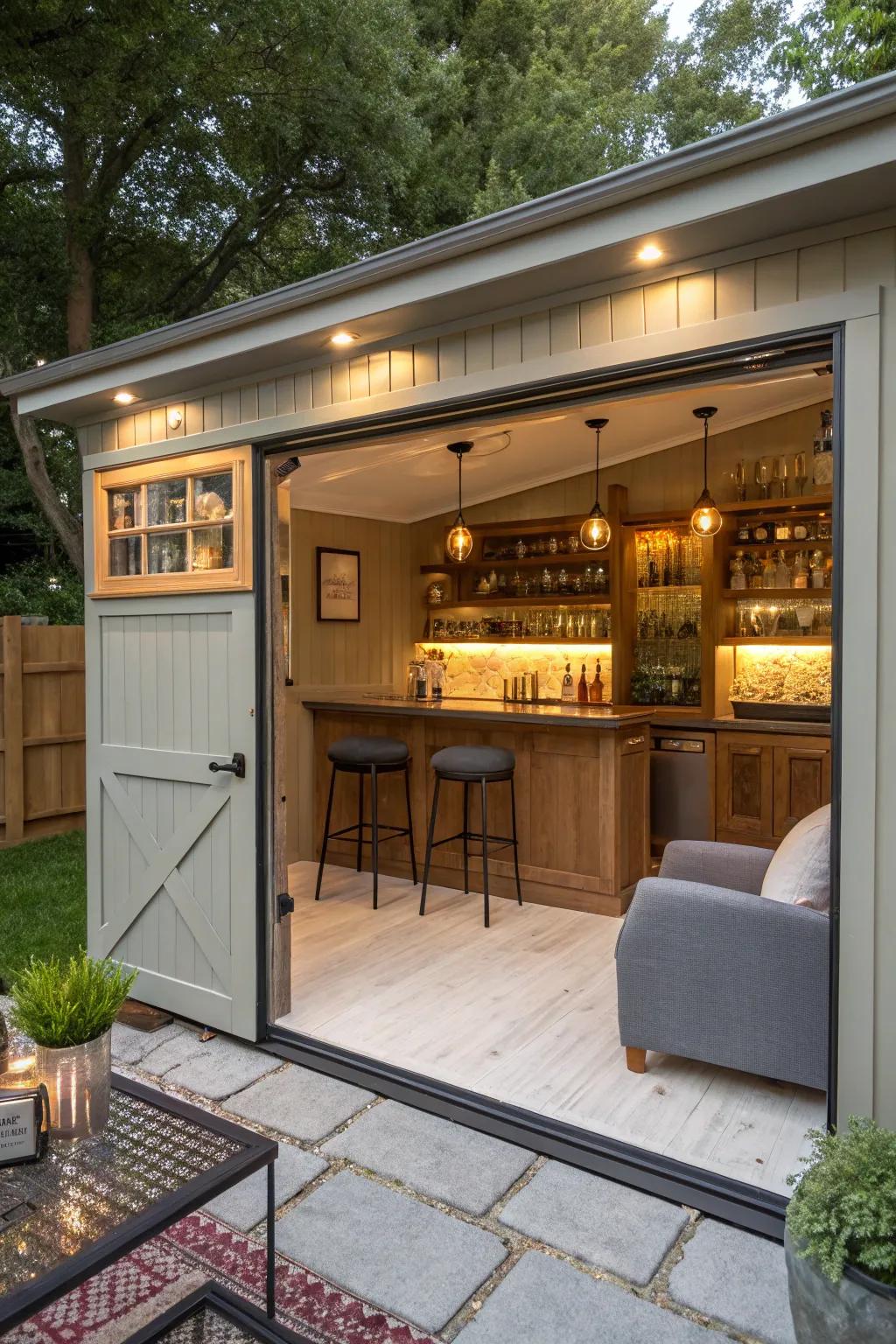 A compact and efficiently designed she shed bar with clever storage solutions.