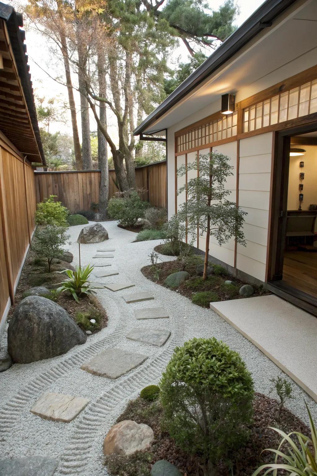 A Zen garden offers a peaceful retreat in a compact space.
