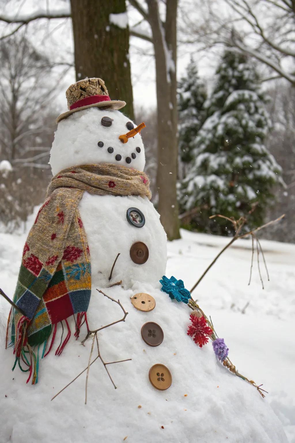 An eco-conscious snowman using nature's bounty.