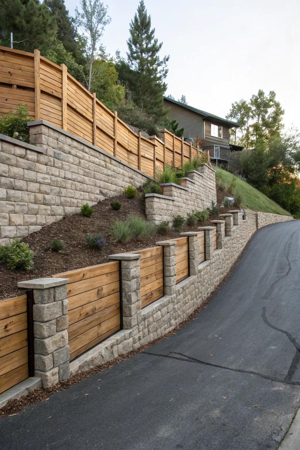 Wooden accents add warmth and character to this retaining wall.