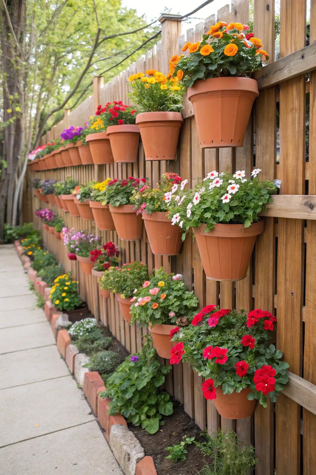 Terracotta pots stacked vertically to create a stunning garden wall.