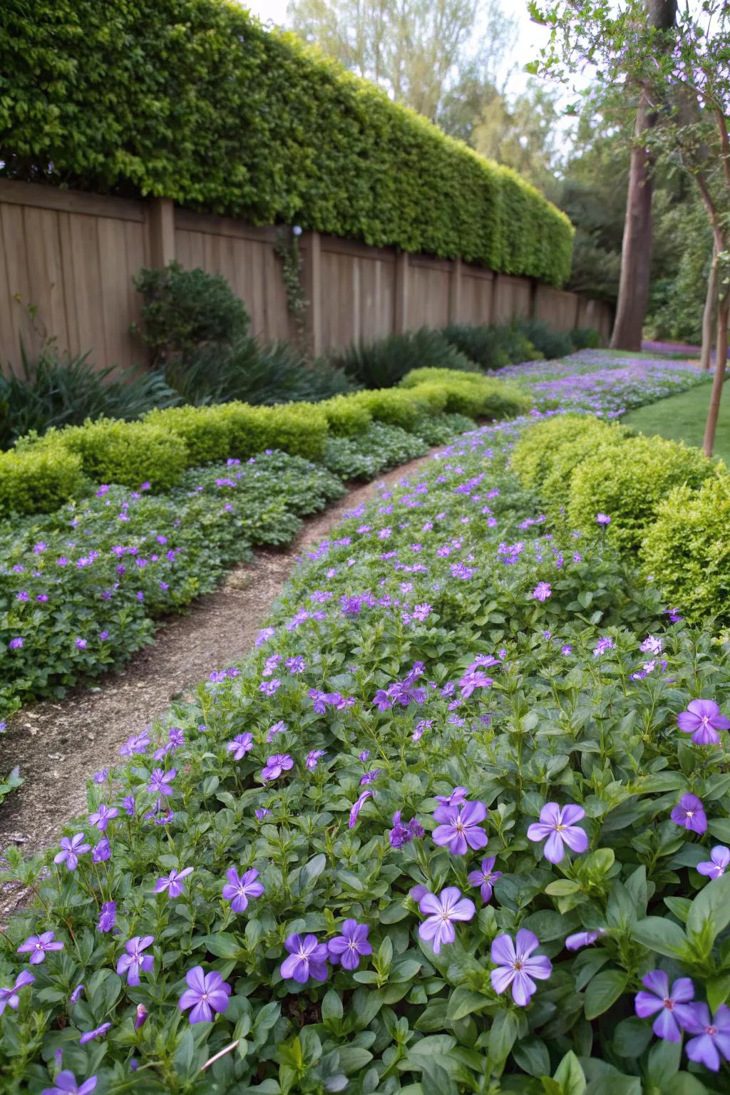A water-wise garden featuring vinca, thriving with minimal watering.