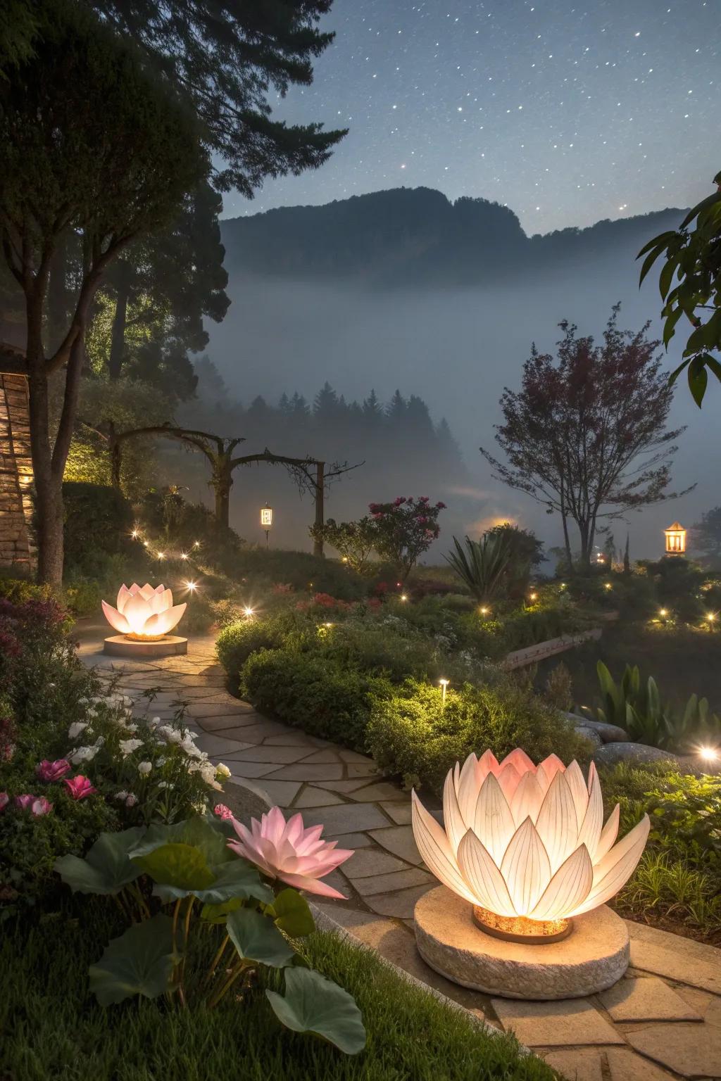 Illuminated lotus sculptures light up outdoor spaces.