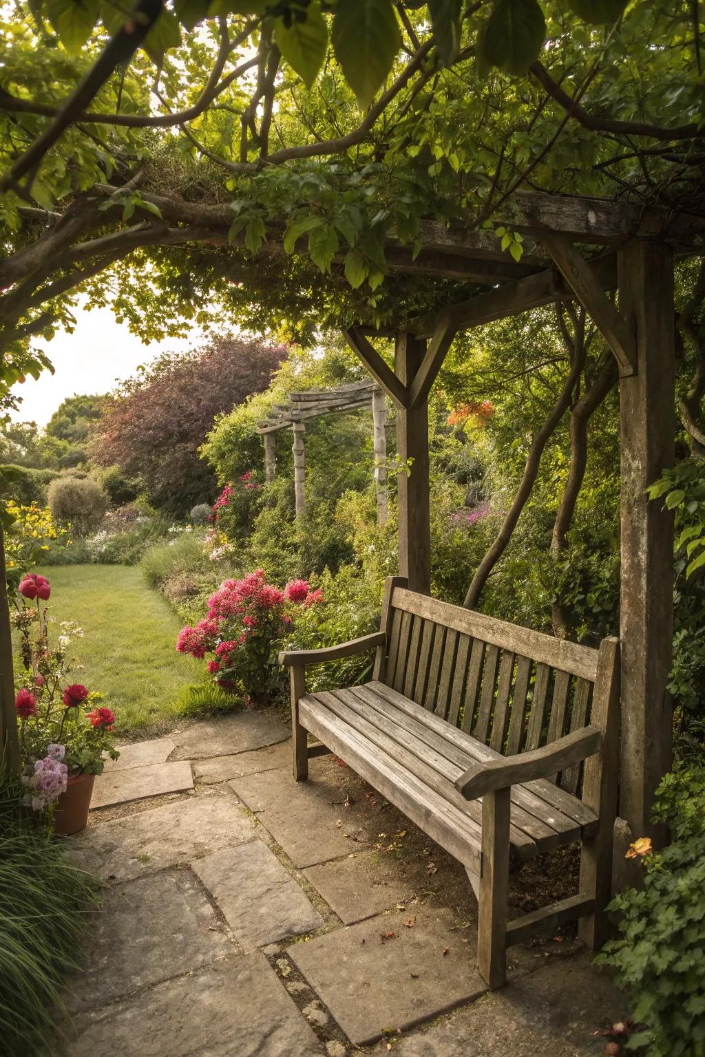 A cozy wooden bench amidst a lush garden setting.
