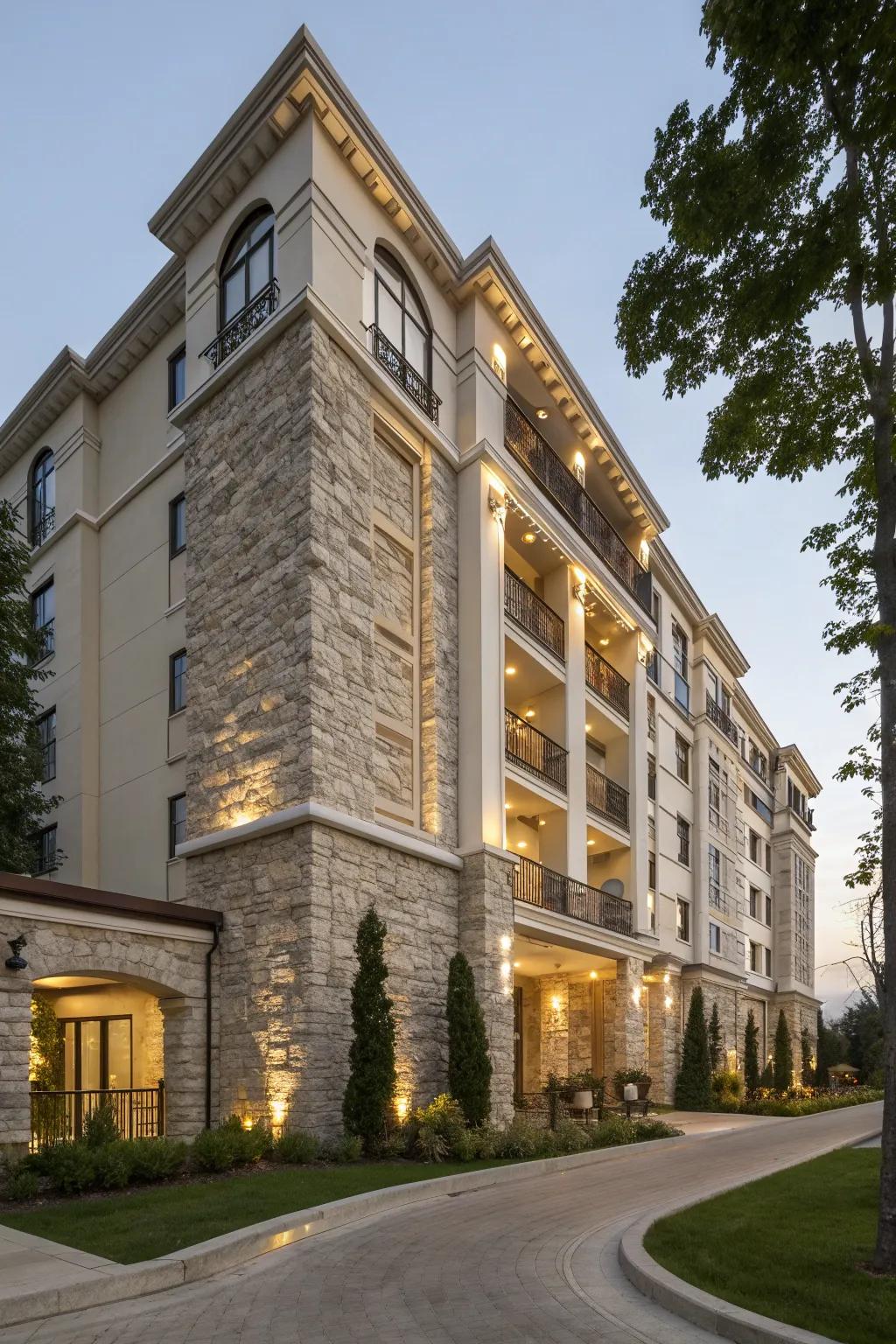 Natural stone accents add timeless elegance to this building.