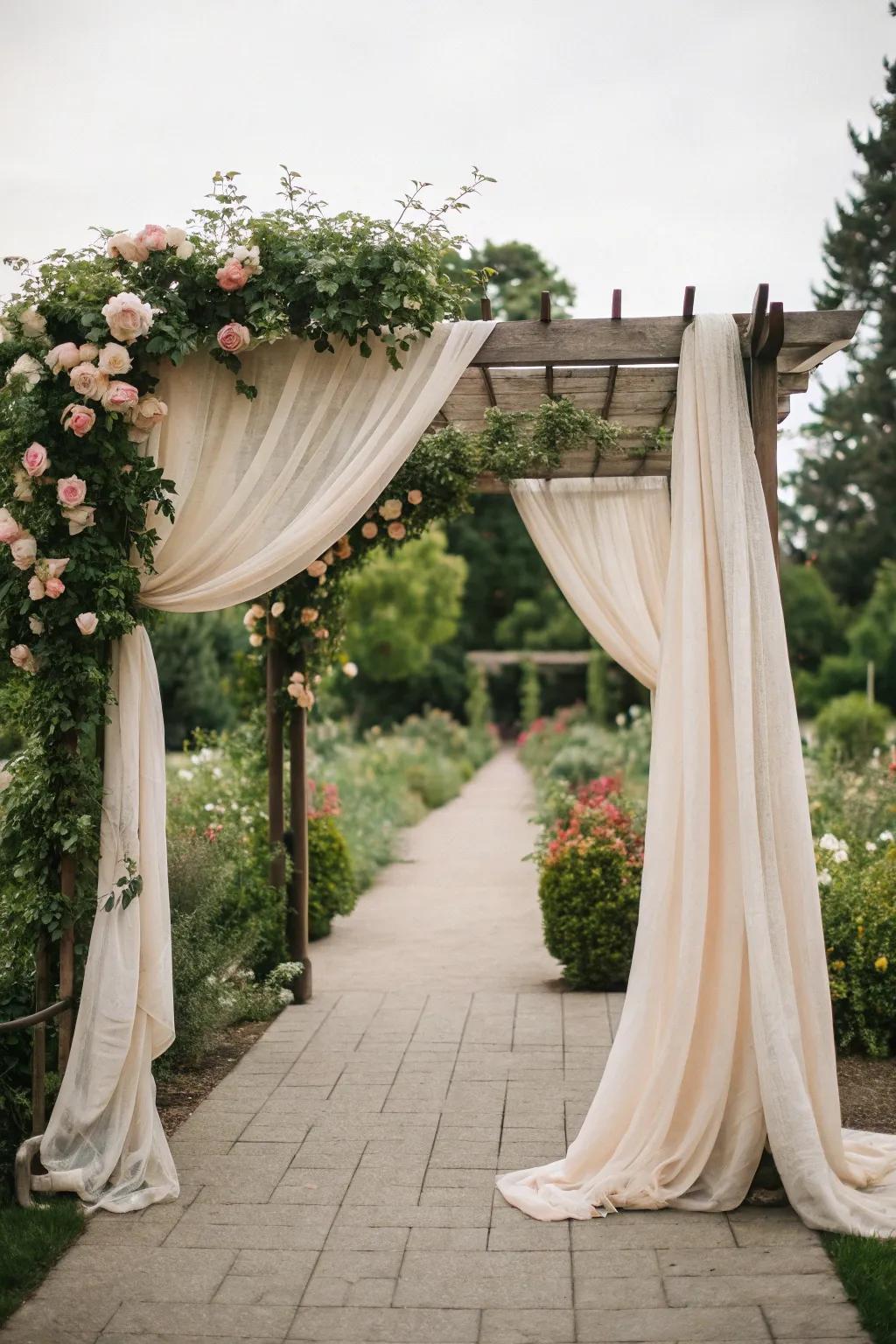 Fabric-draped arbor adds whimsy and elegance to a garden setting.