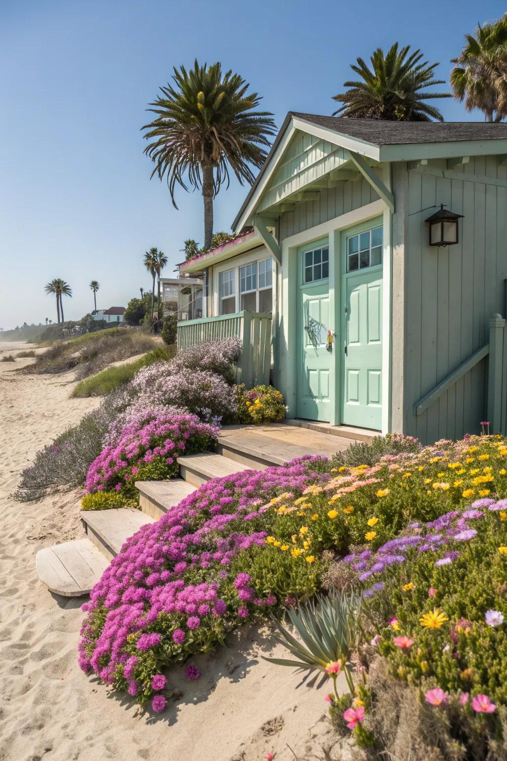 Pastel green front door adds a whimsical charm.