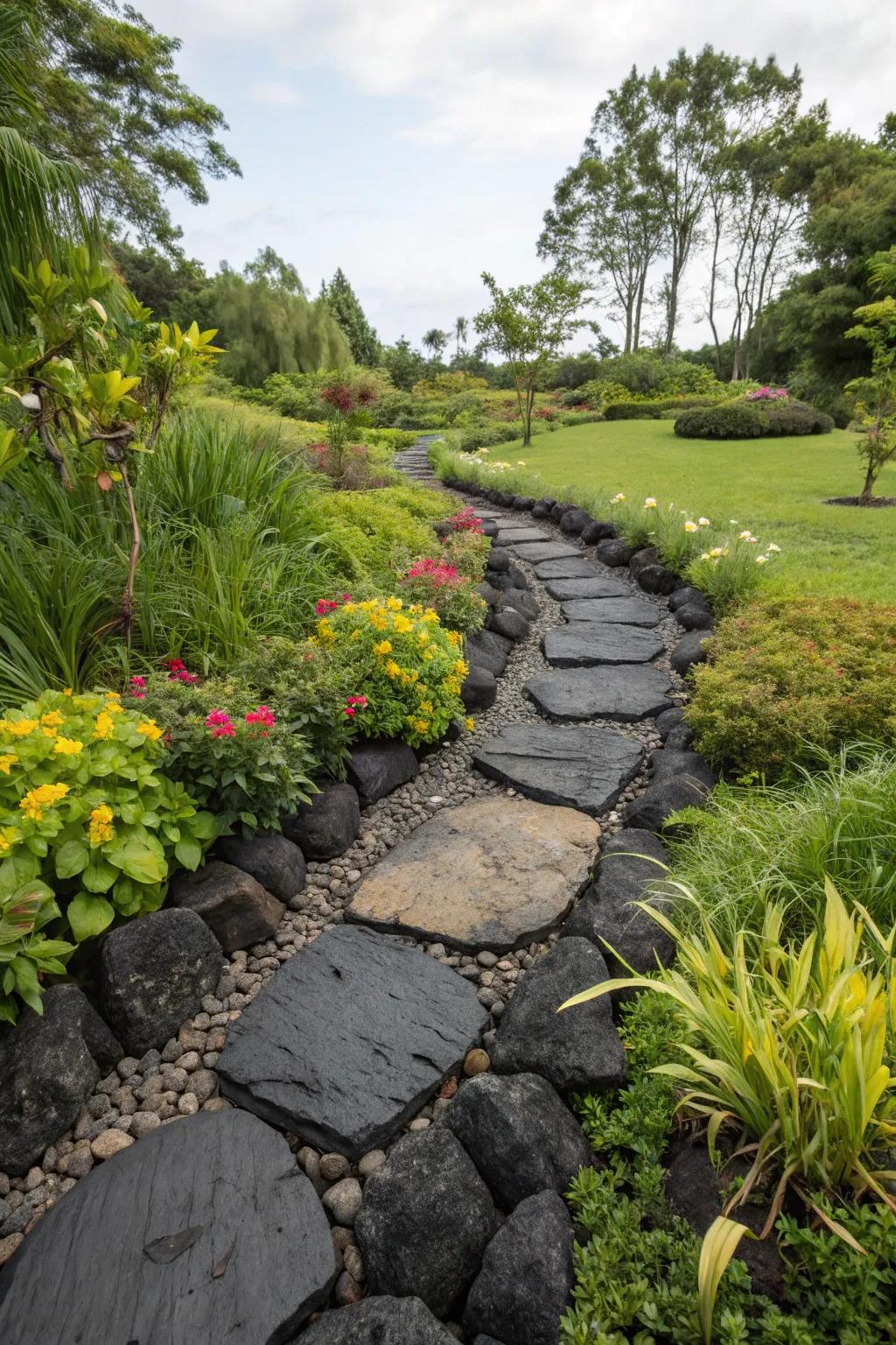A garden pathway bordered with black rocks.