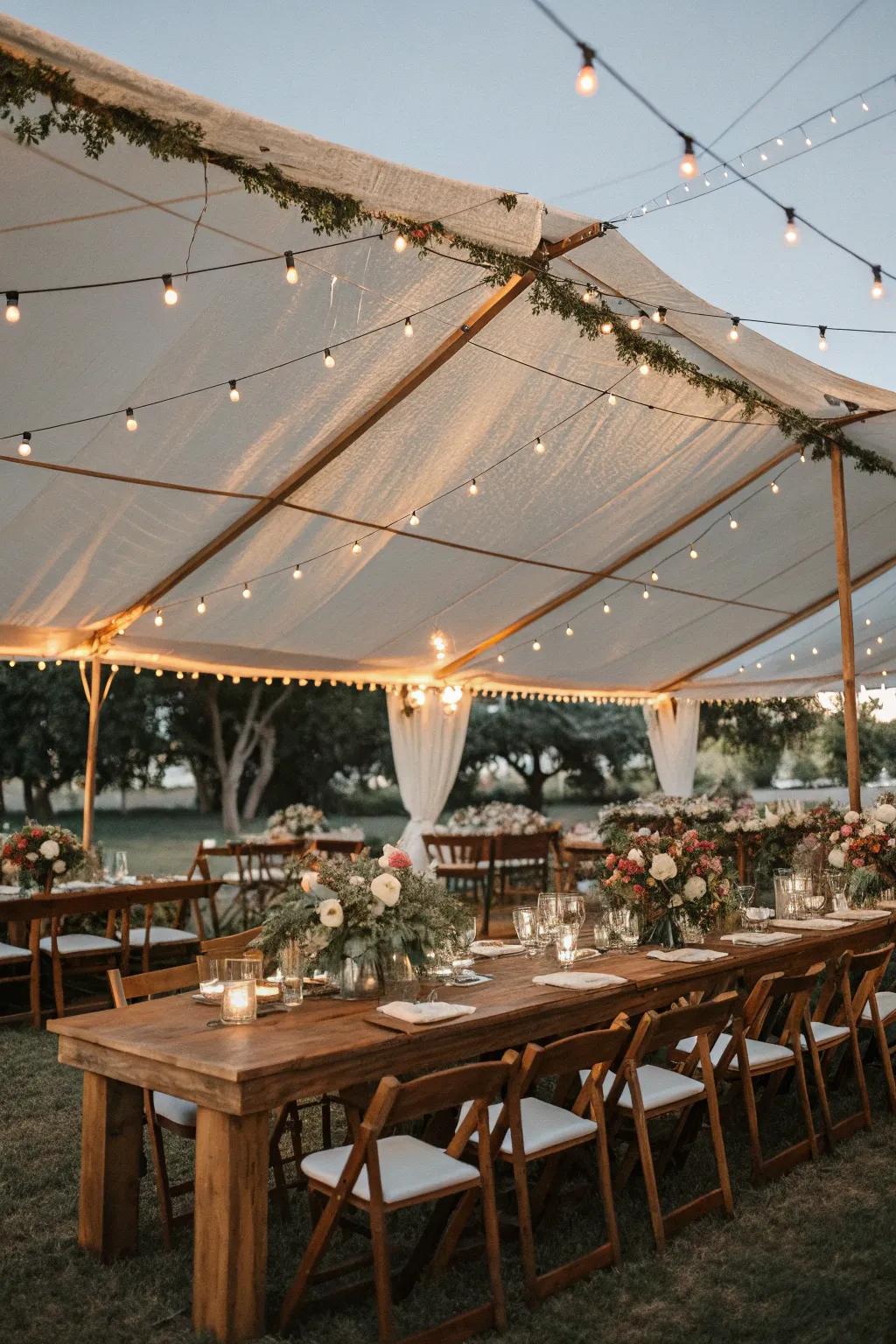 A rustic tent set up for an elegant outdoor wedding reception.