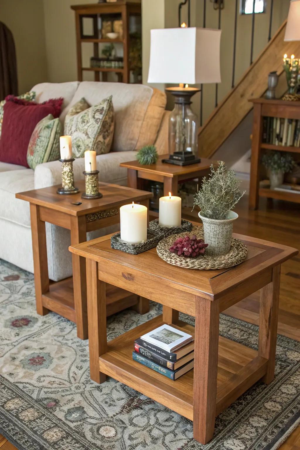 Cedar side tables adding functionality and charm.