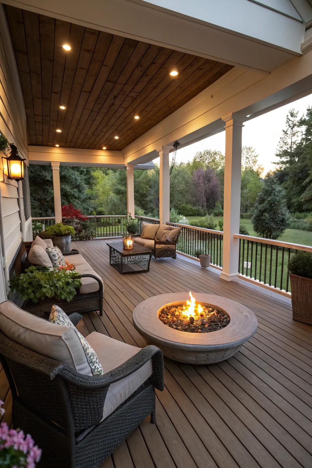 A cozy deck porch with a fire pit for warm gatherings.