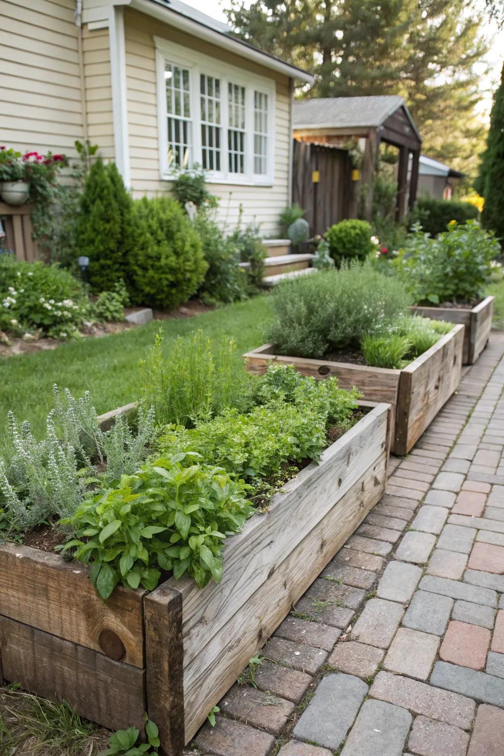 Raised beds bring structure and elegance to any front yard herb garden.