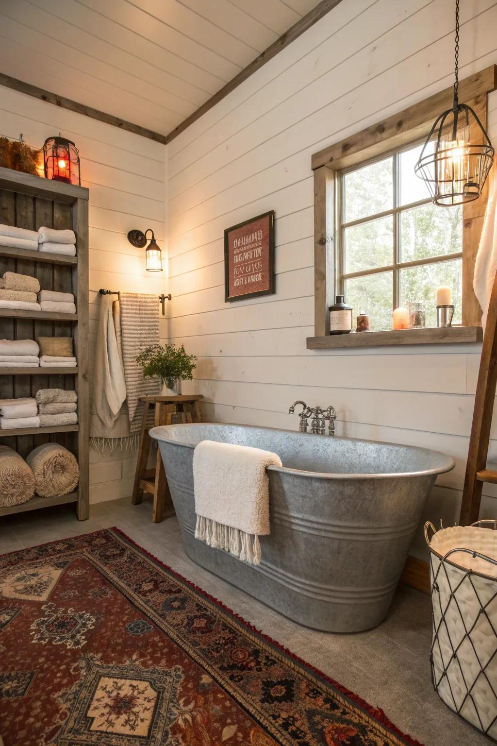 Farmhouse chic bathroom with a galvanized tub and shiplap walls.