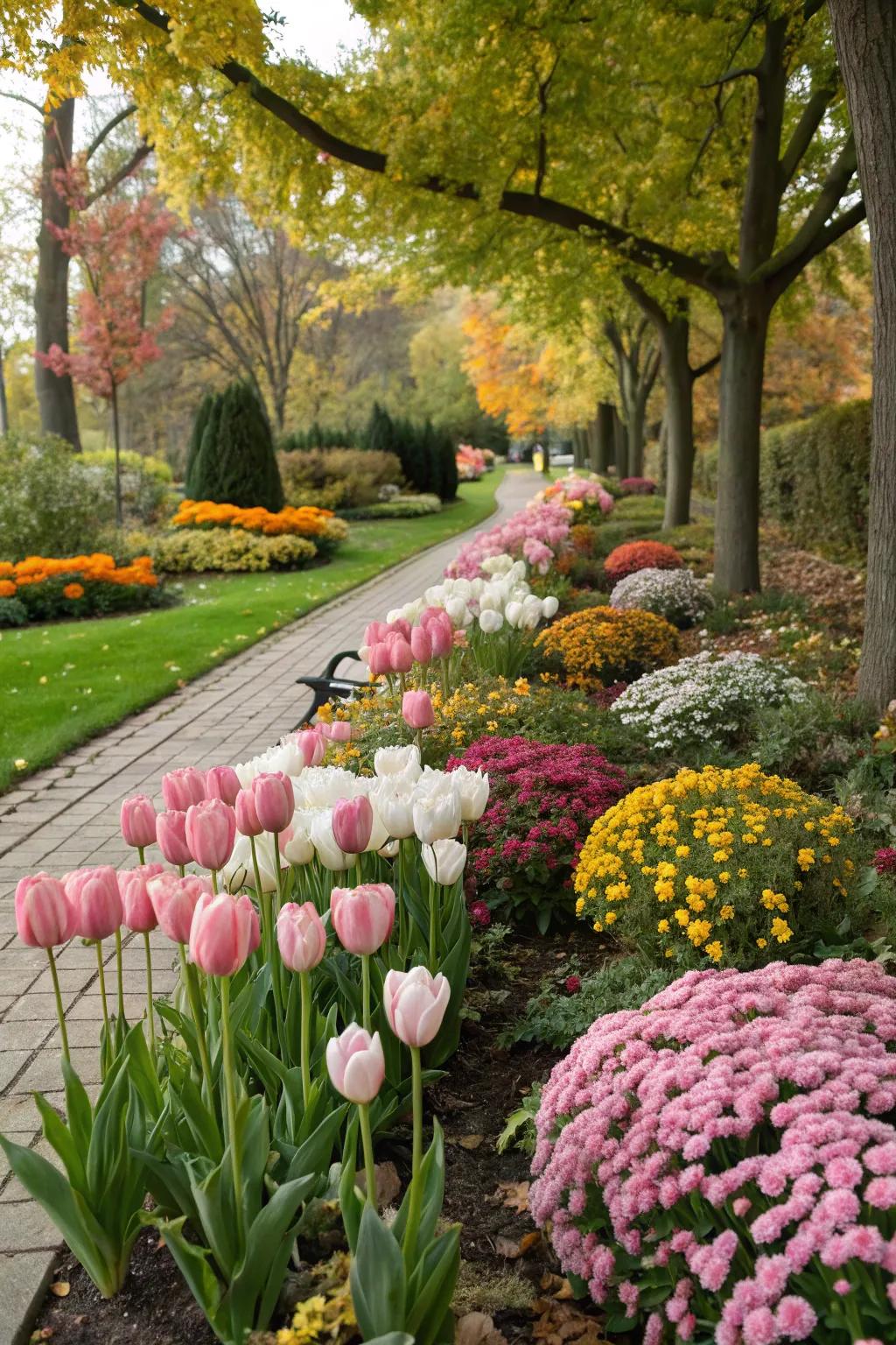 A garden with a seasonal symphony, featuring blooms like spring tulips and fall chrysanthemums.