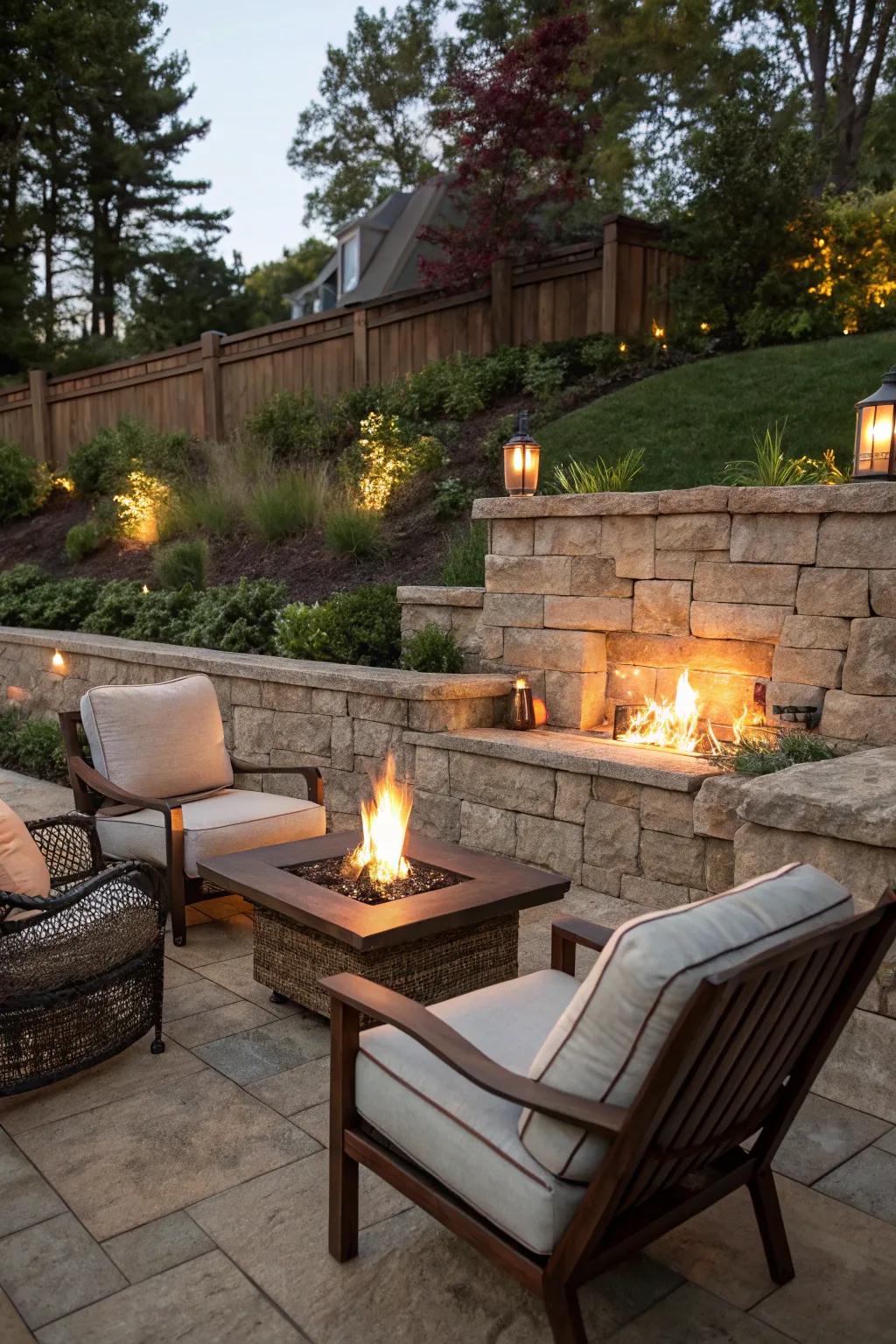 A garden wall with a cozy fire pit for evening warmth.