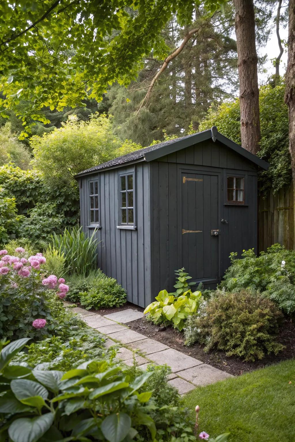 Bold charcoal creates a dramatic contrast in the garden.