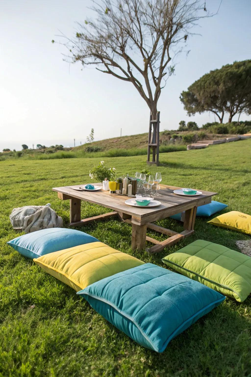 A cozy low table setup for a relaxed picnic atmosphere.