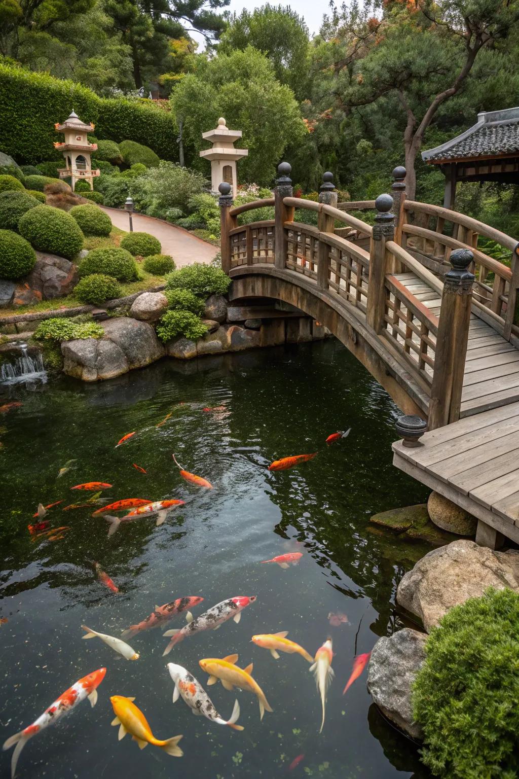 A wooden bridge adds both functionality and aesthetic appeal to the pond.