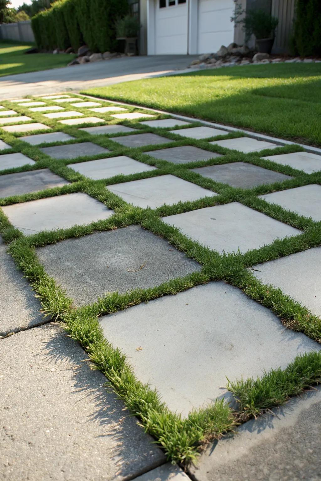 Concrete and grass create a playful checkerboard design