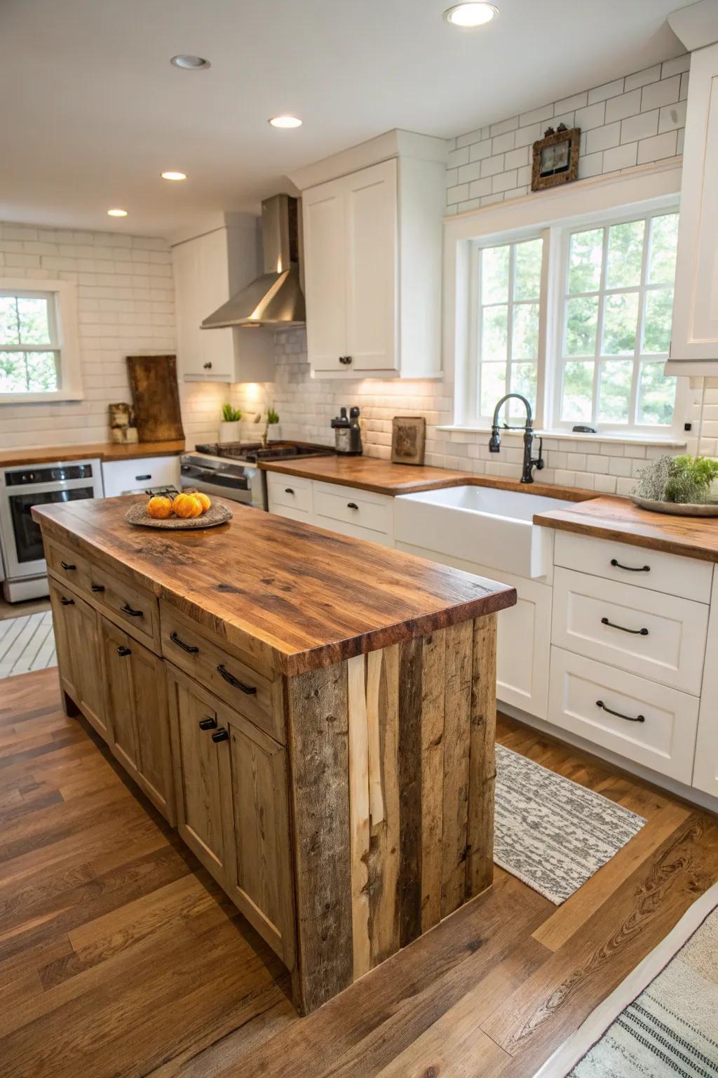 Reclaimed wood adds warmth and history to the kitchen.