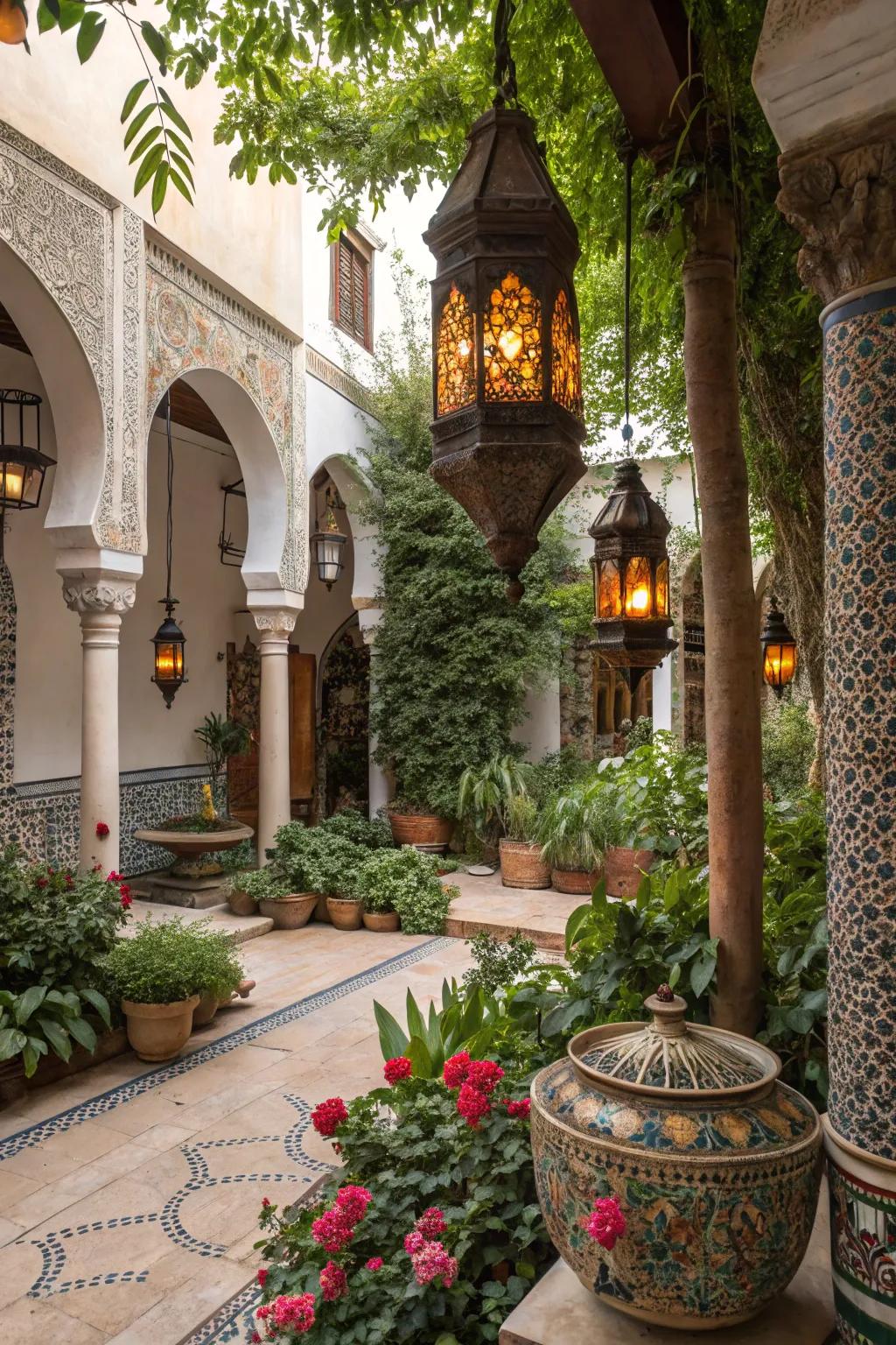 Traditional Moroccan garden decor with lanterns and pottery adding an exotic touch.