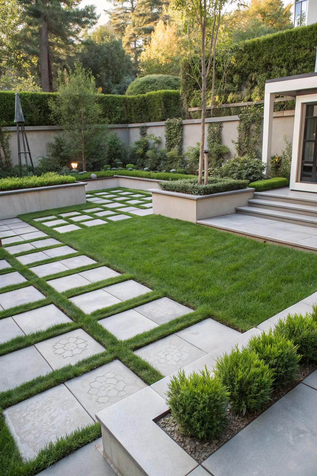 A modern garden with geometric paver designs and grass makes a bold statement.