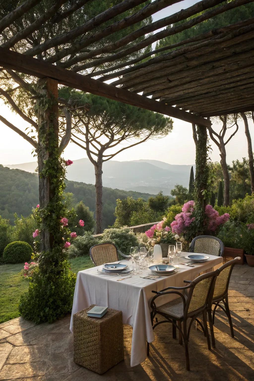An elegant dining setup under a pergola.