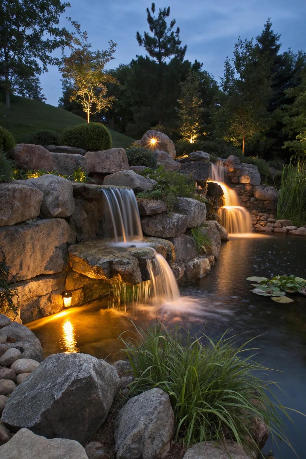 Illuminate your waterfall for a dramatic focal point.