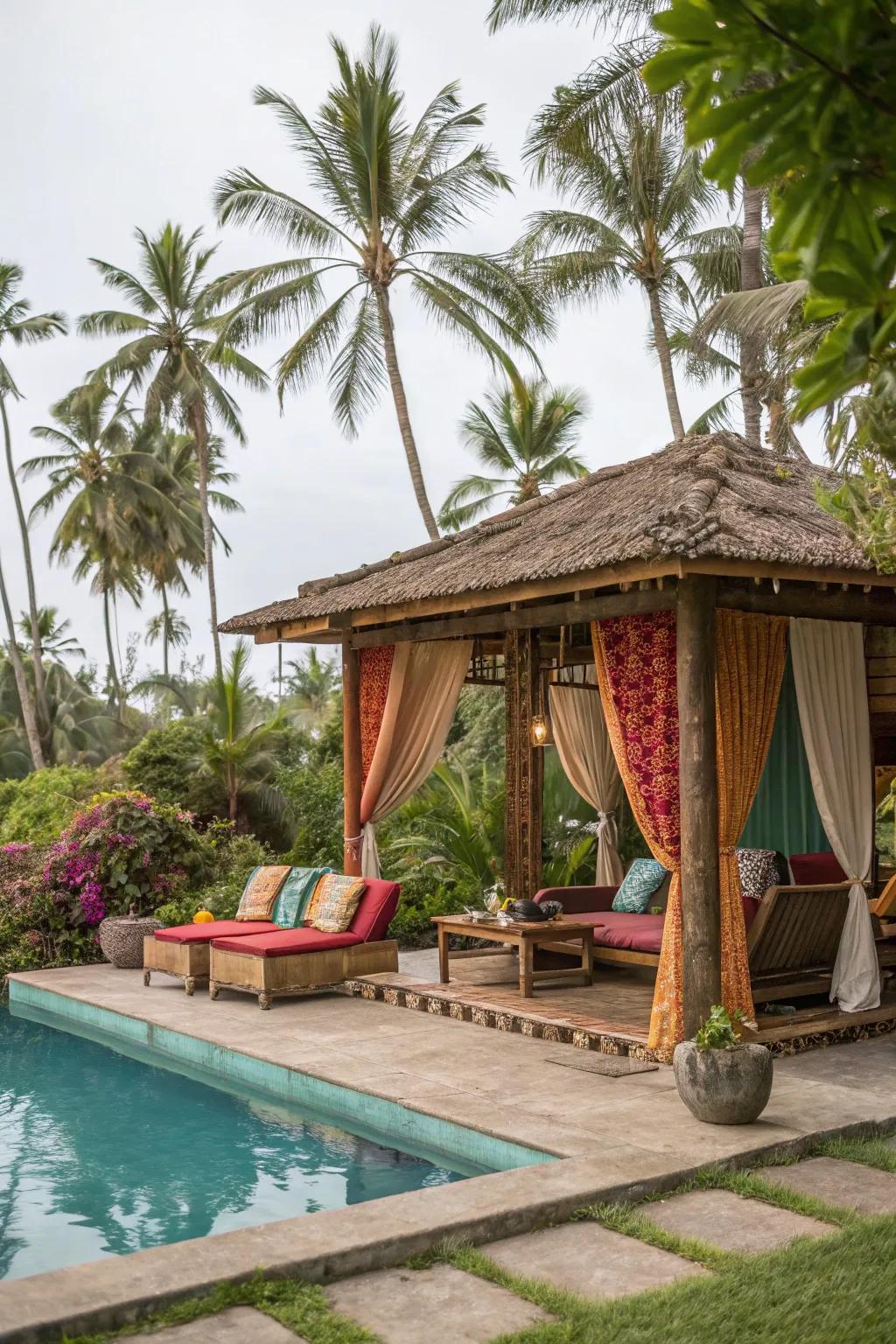 A tropical cabana offers a private and exotic retreat by the pool.