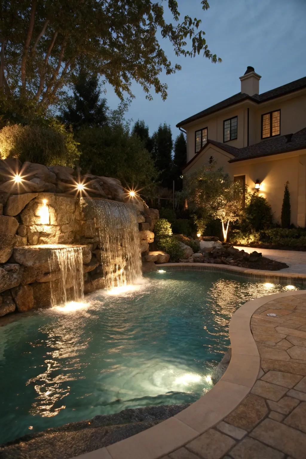 Watch water features come to life with gentle lighting.