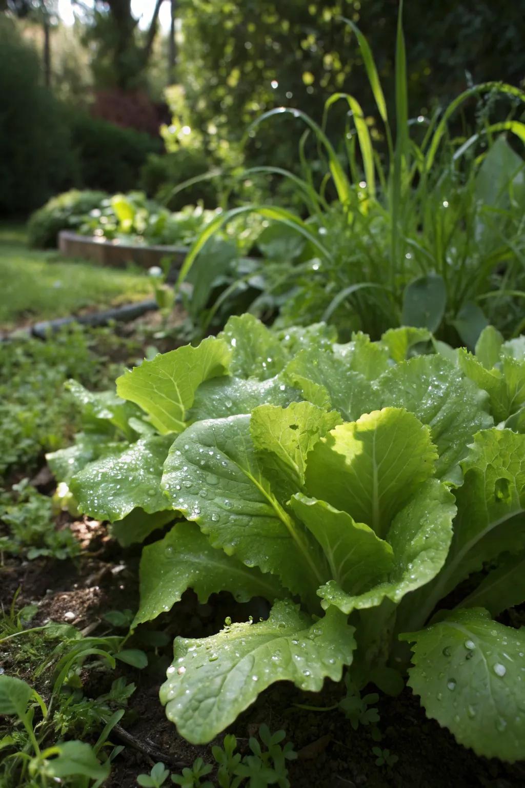 Endive's elegant leaves flourishing in a shaded garden space.
