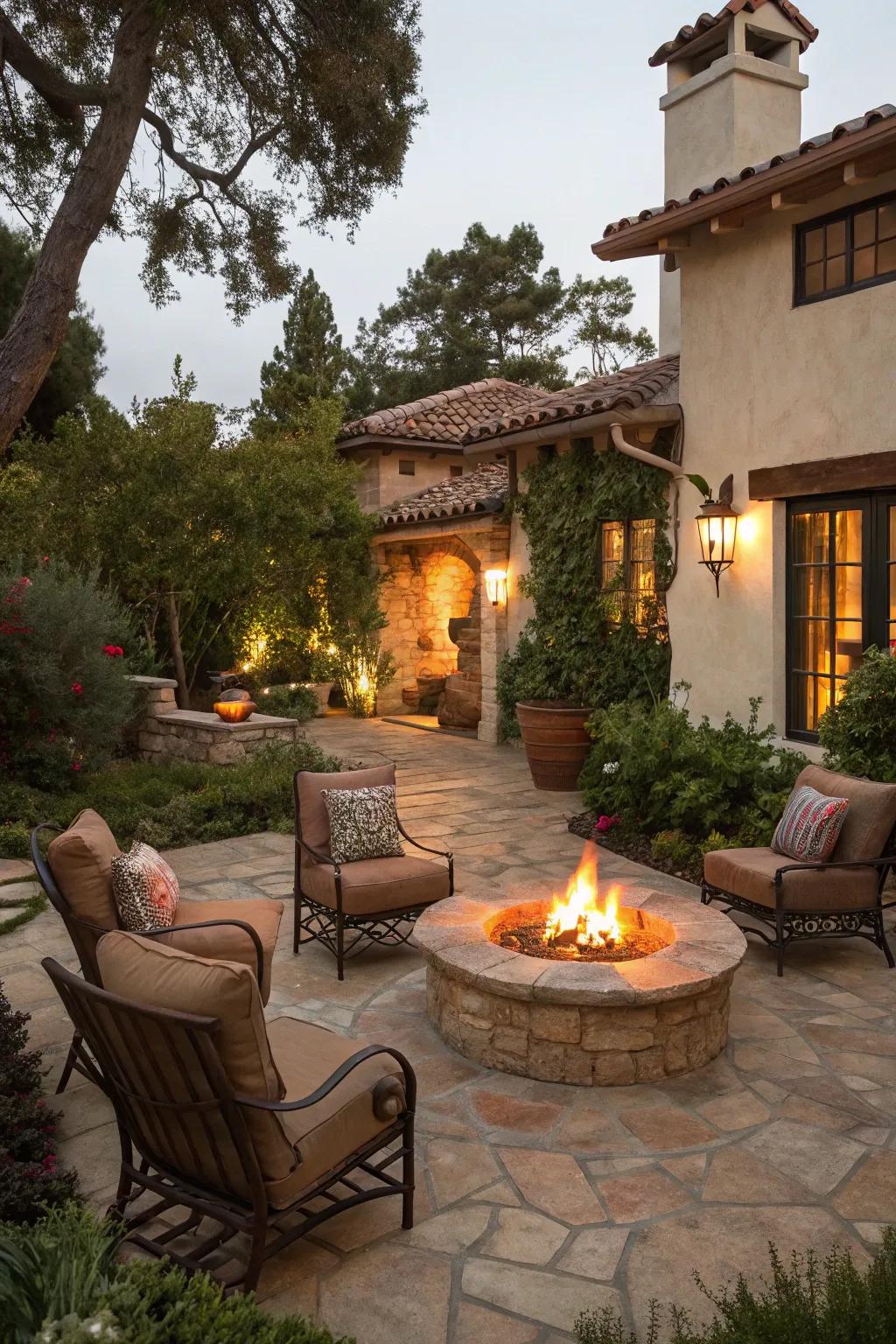 A fire pit offers warmth and a focal point for gatherings.