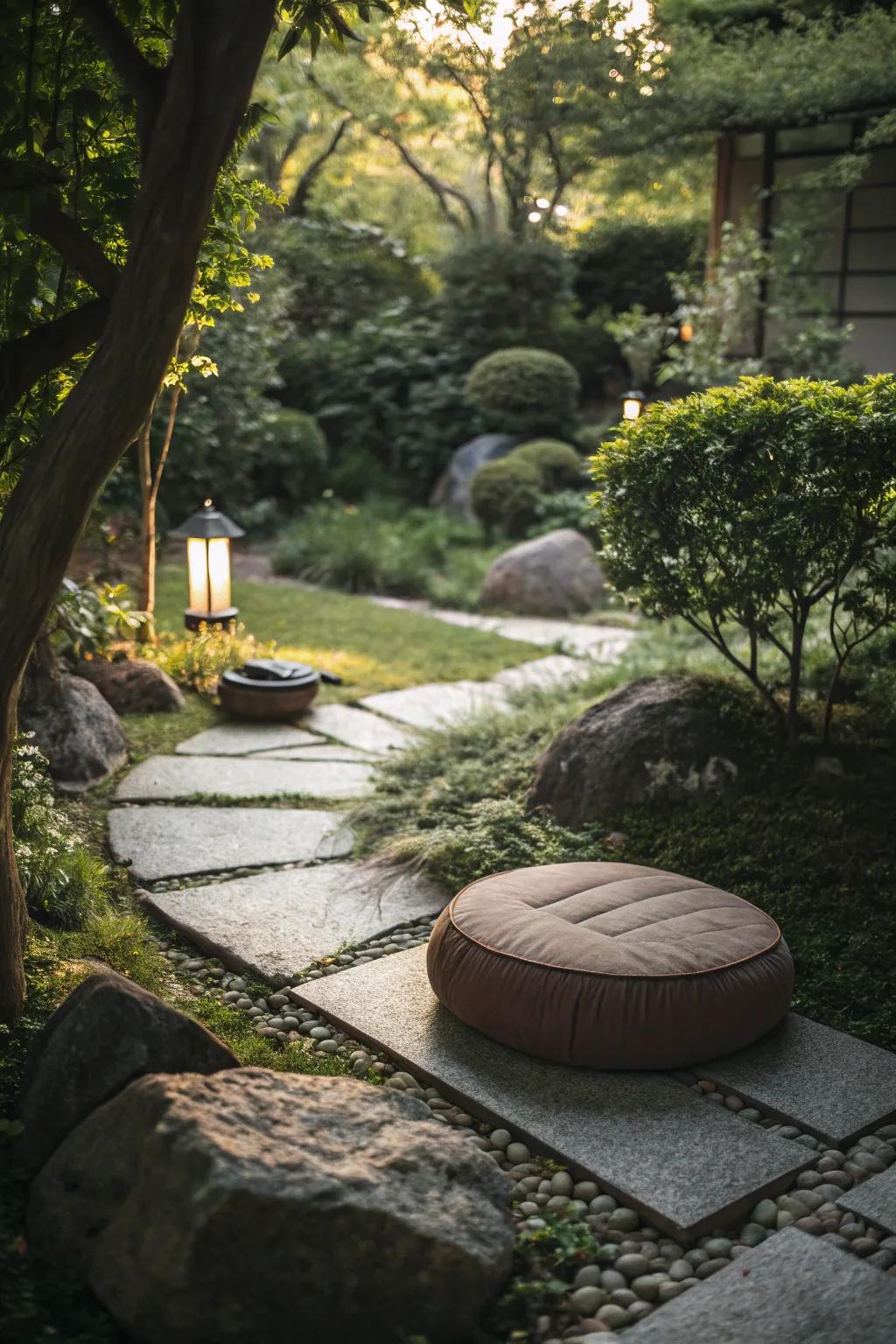 A dedicated meditation spot offers a place for mindfulness.