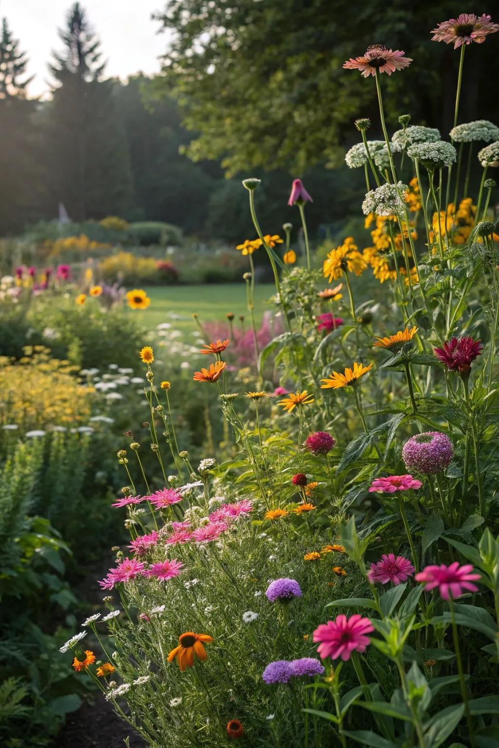 A garden bursting with vibrant and colorful wildflower blooms.