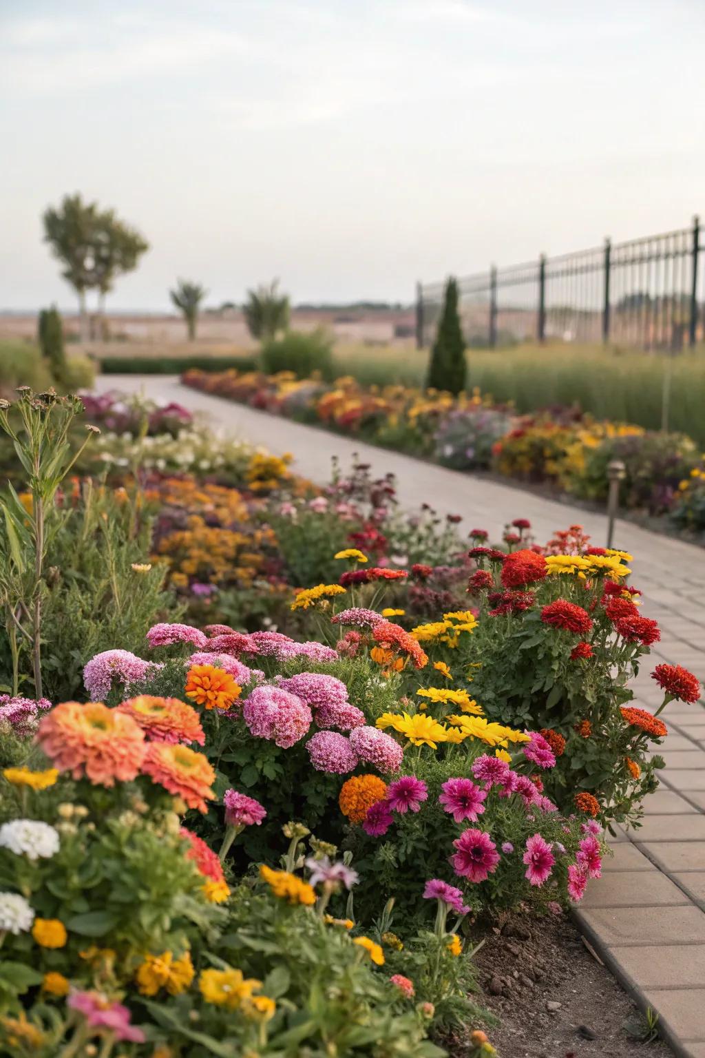 A burst of vibrant flowers creates a joyful and lively garden display.