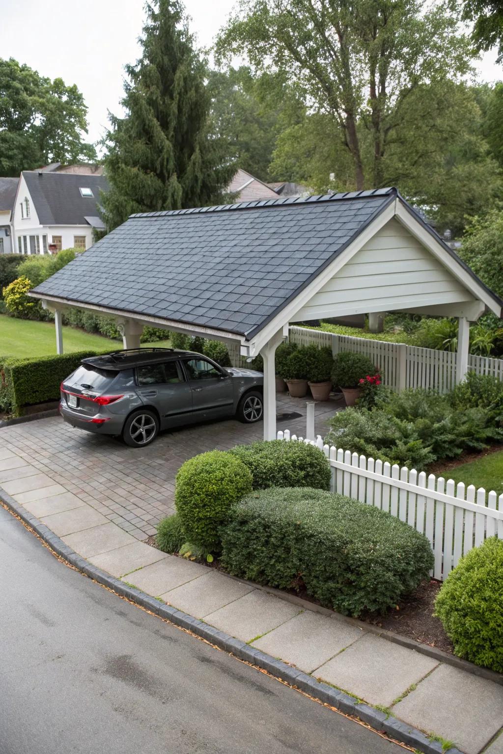 A gabled roof carport offering a classic charm.