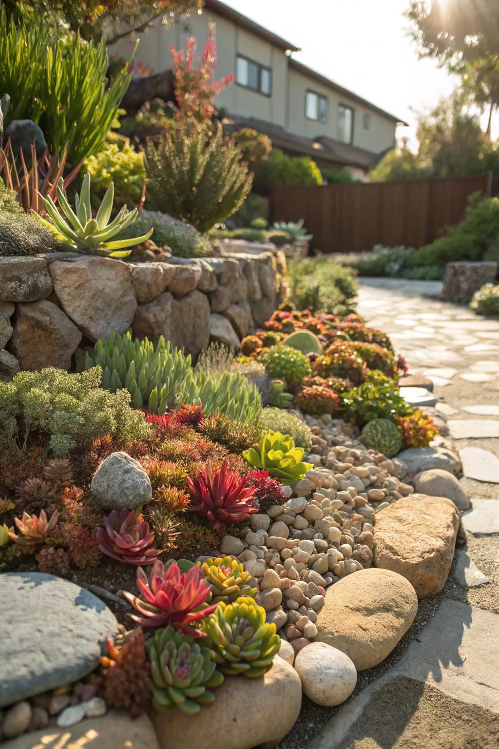 A water-wise rock garden featuring succulents and stones.