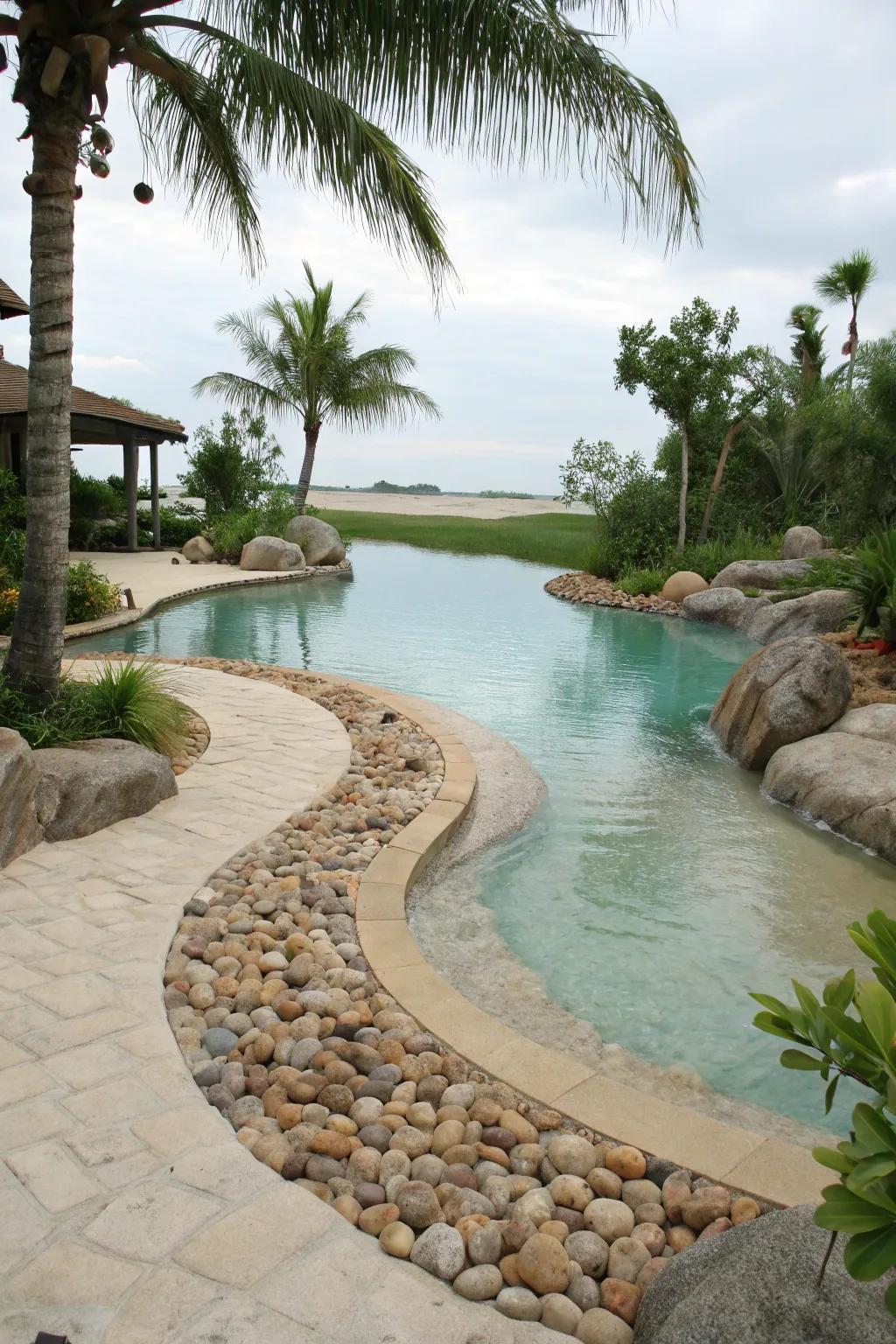 A beach entry creates an inviting and accessible pool design.