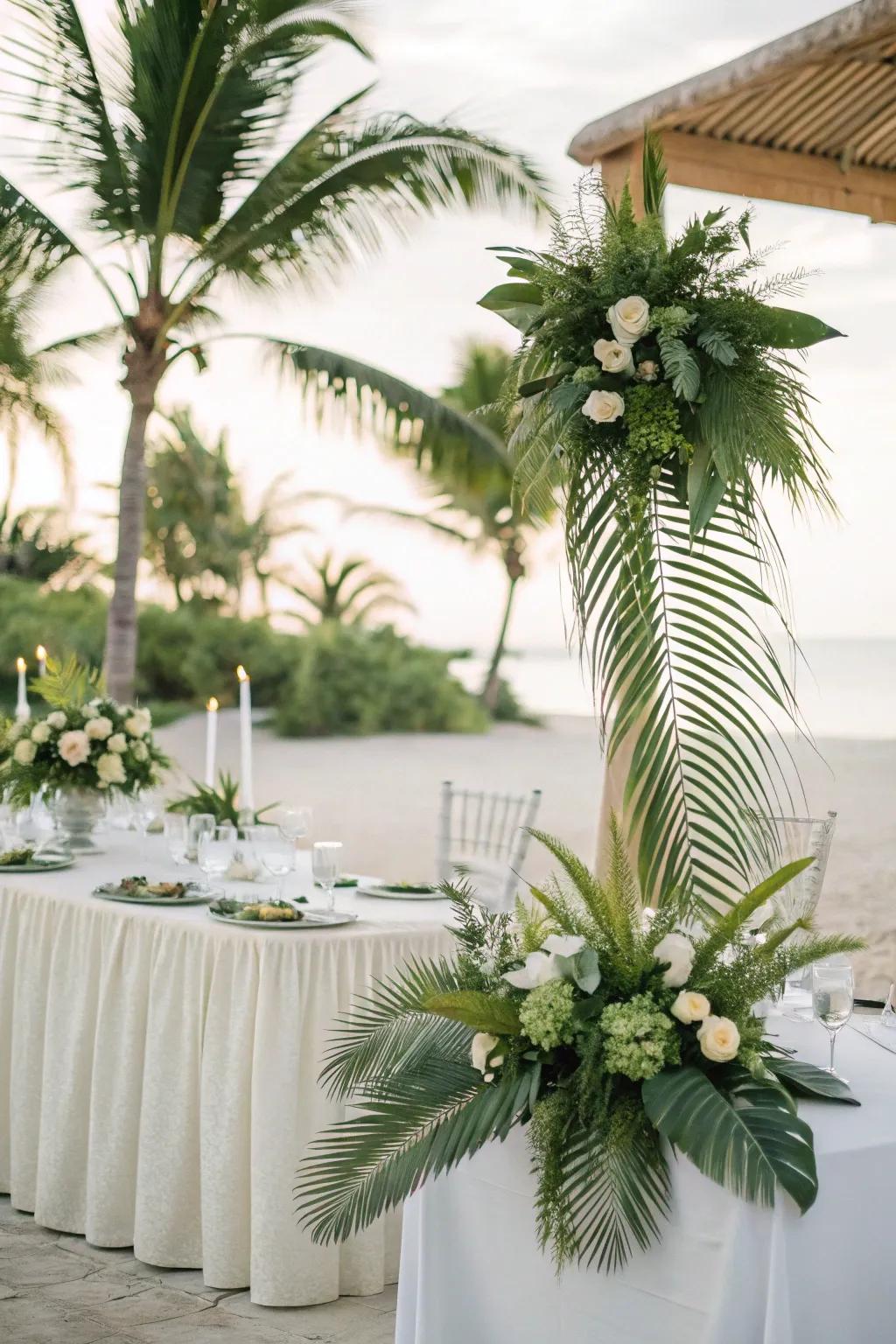 Tropical palm leaf decor for weddings.