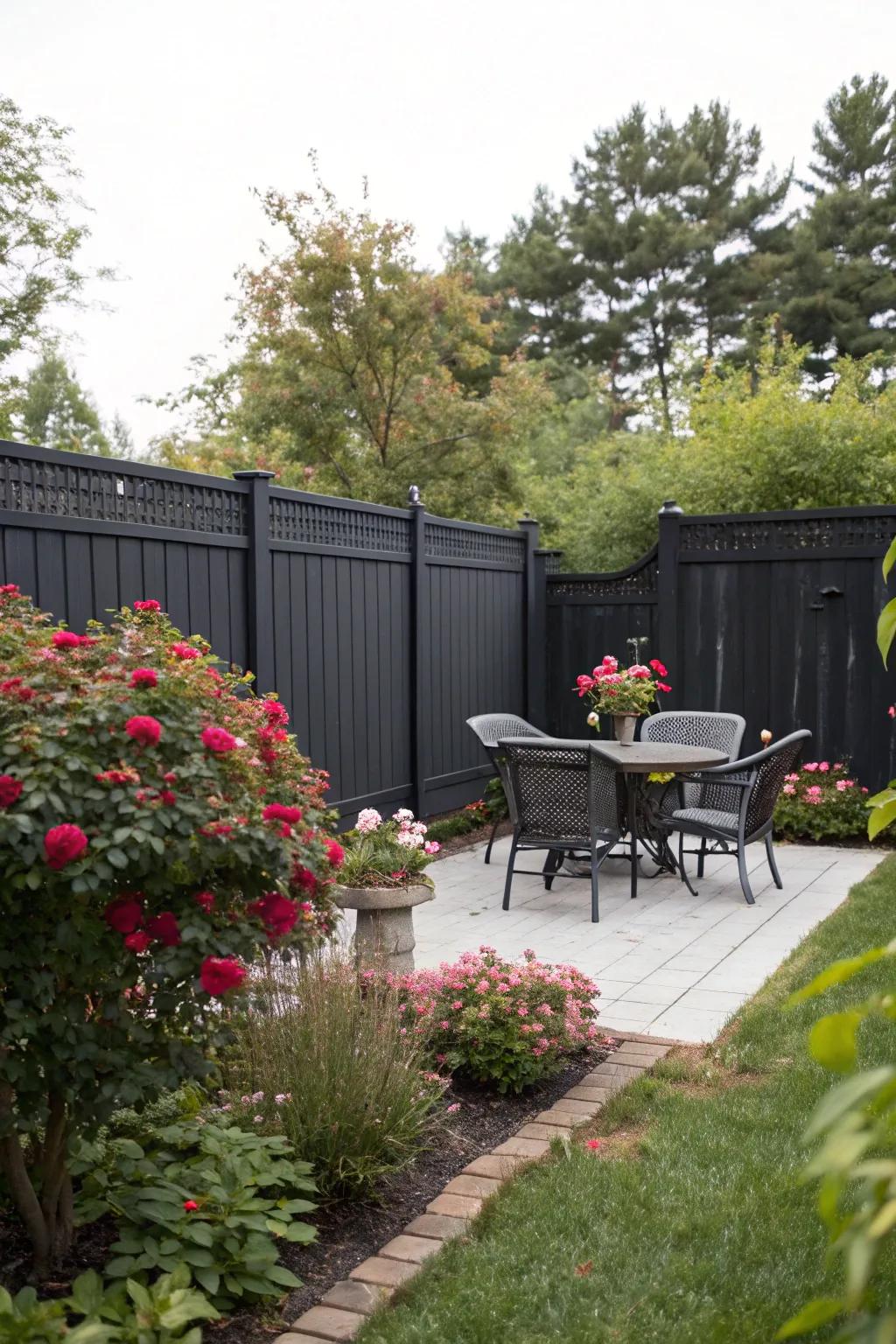 A tall black wood fence offering privacy and a chic backdrop for a cozy patio.