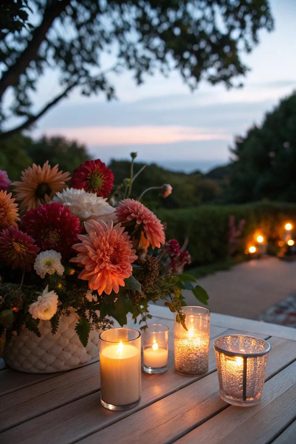 Dahlias and candles offer a warm glow perfect for evening gatherings.