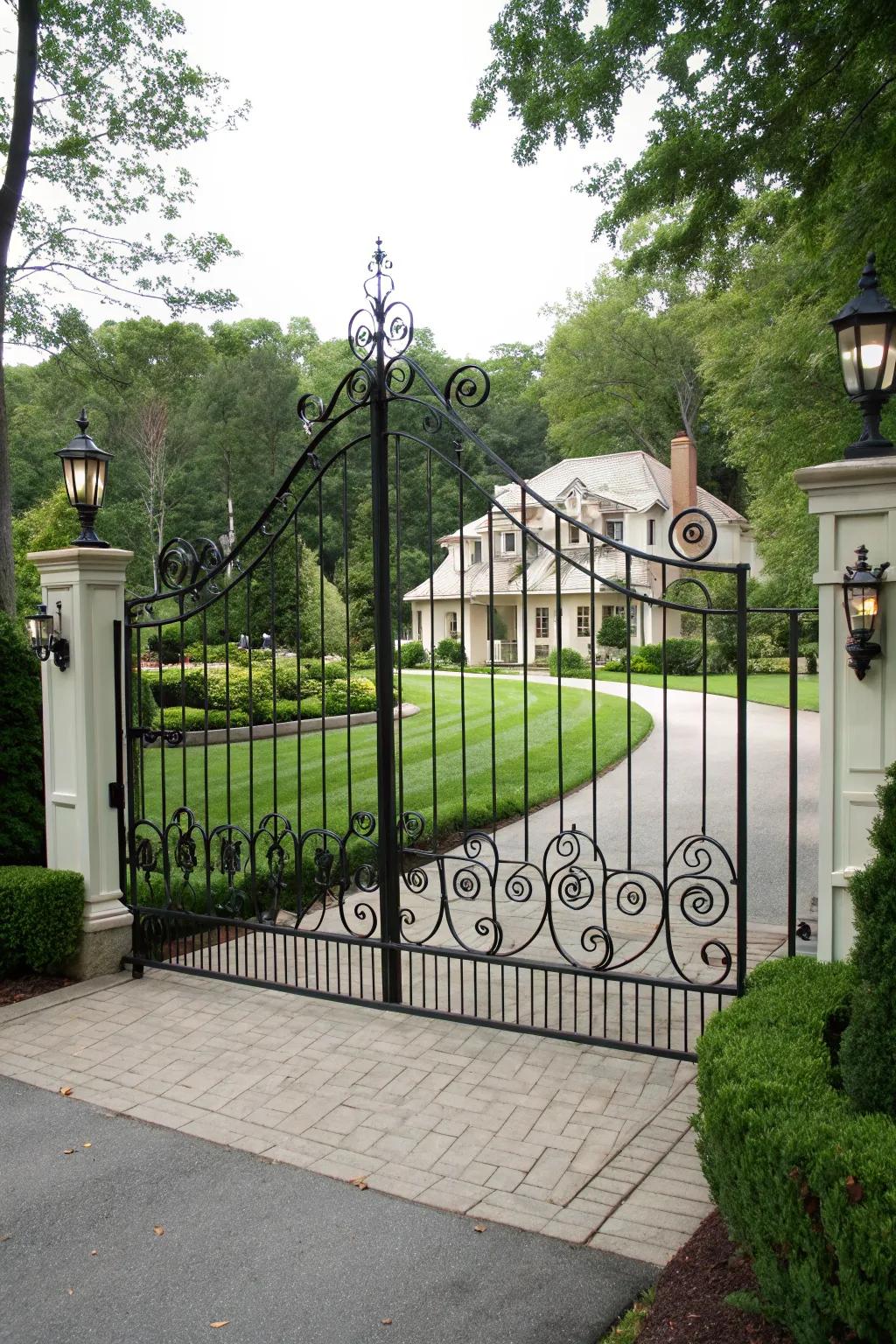 A symmetrical iron driveway gate offering a sense of balance and harmony at the entrance.