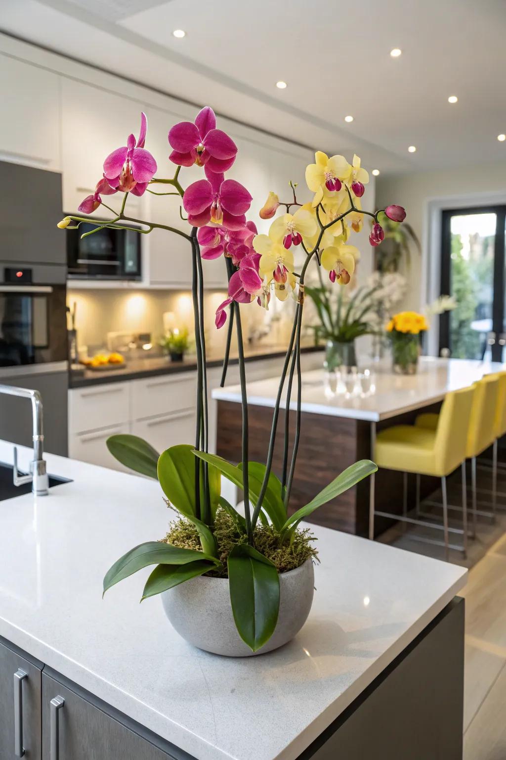 Orchids brighten up a modern kitchen island.